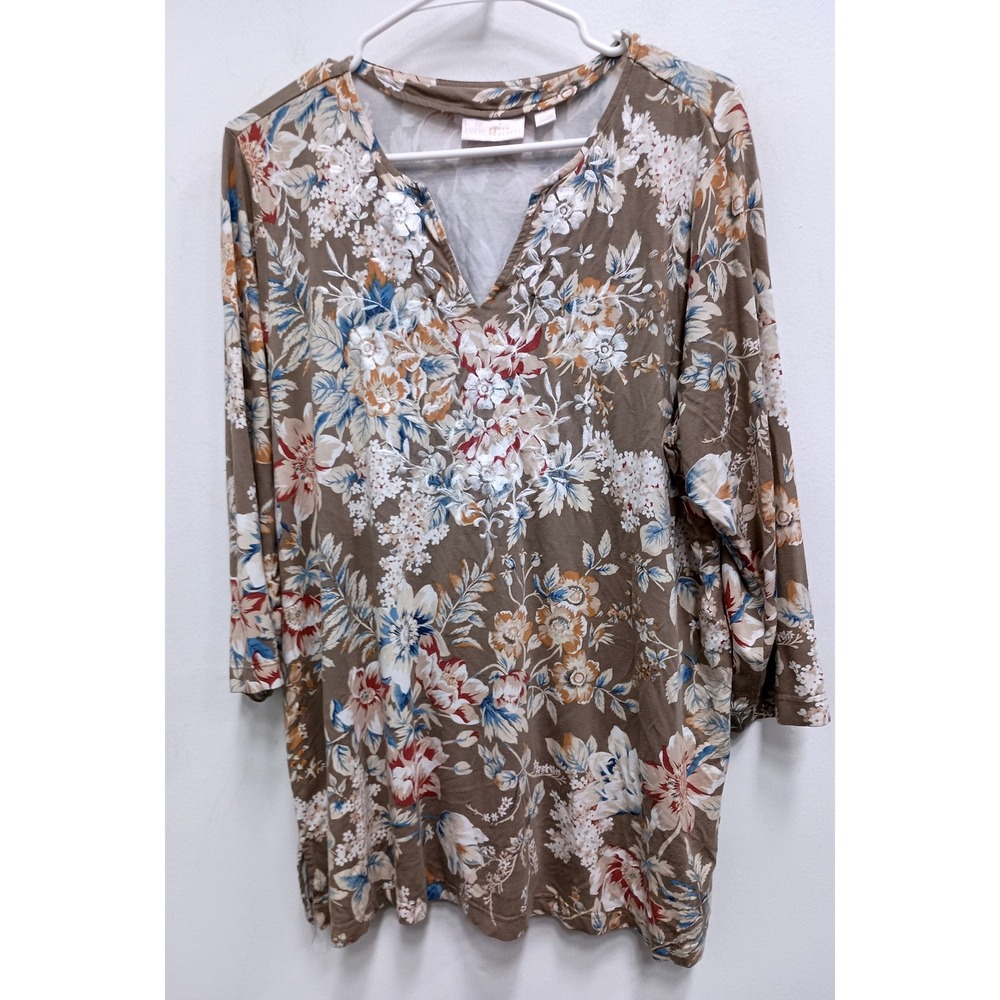 Belle by Kim Gravel Floral V-Neck Top Womens Large Brown Boho Embroidered Tunic